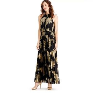 Xscape Navy Gold Foiled Metallic Pleated Gold Chain Halter Maxi Dress Size 0